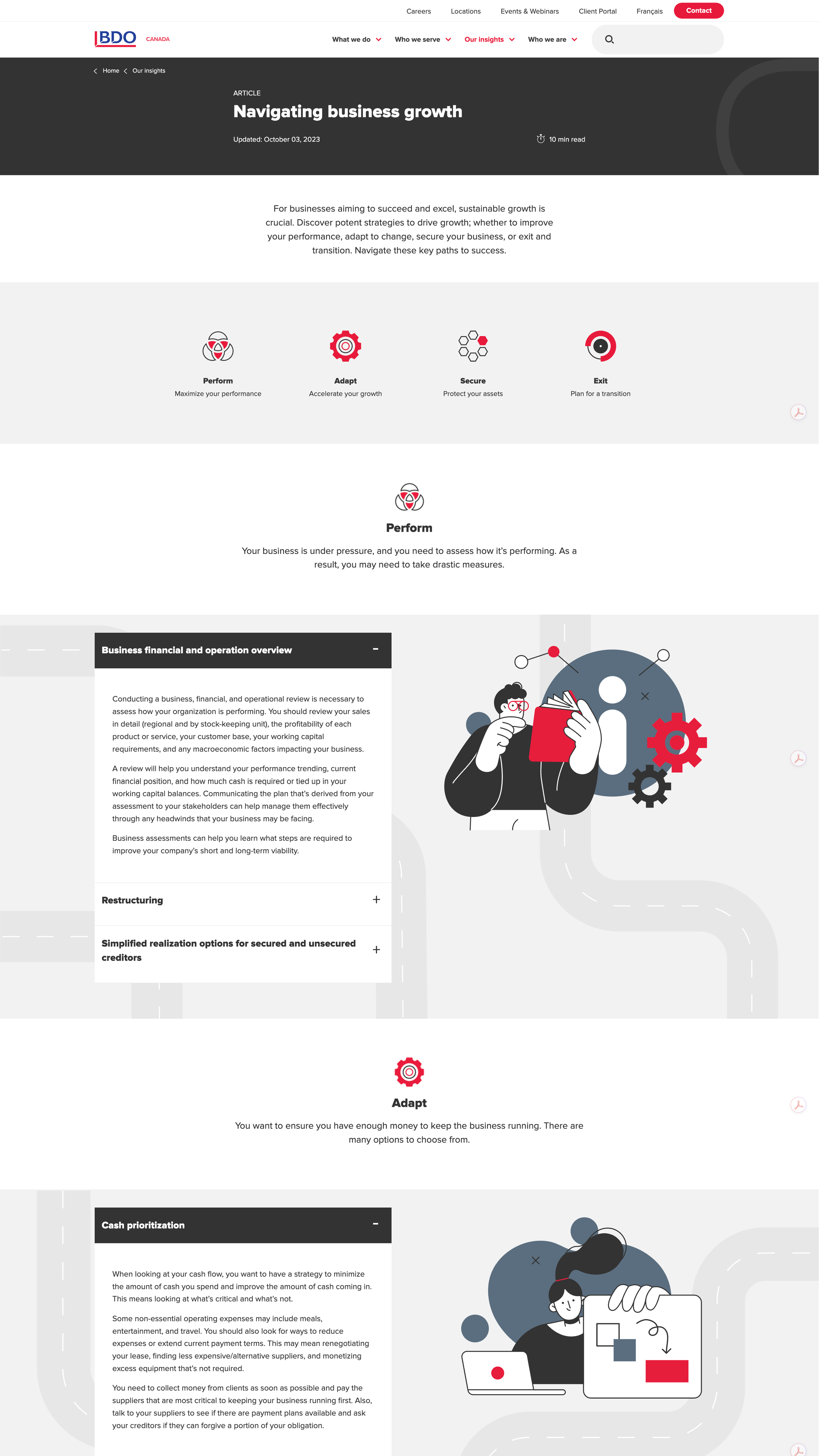 Webpage from BDO Canada discussing navigating business growth, with sections on performance, adaptation, security, exit strategies, and financial management, including illustrations of business concepts and strategies.