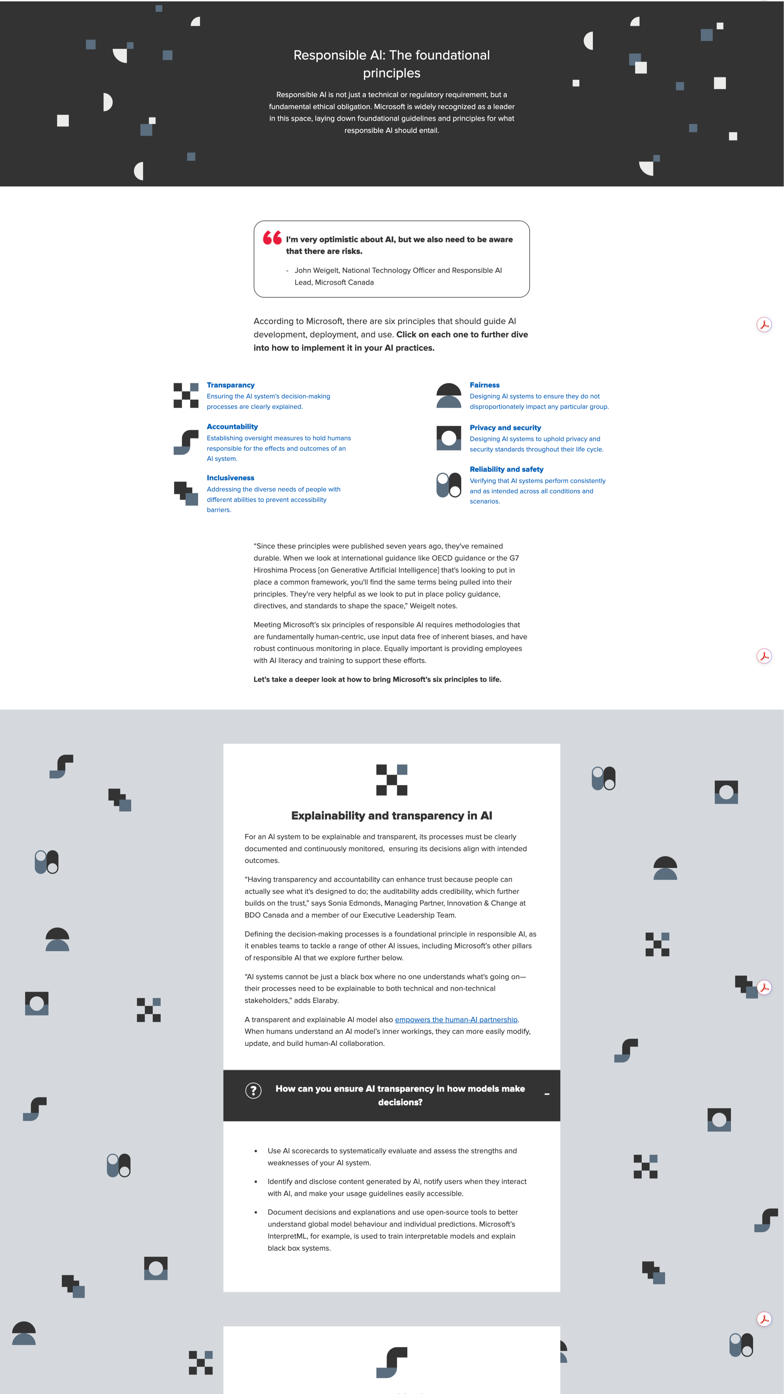 An infographic discussing responsible AI, highlighting six principles: transparency, accountability, inclusiveness, fairness, privacy and security, and reliability and safety. It features various icons and text explaining each principle and emphasizes the importance of transparency and explainability in AI systems.