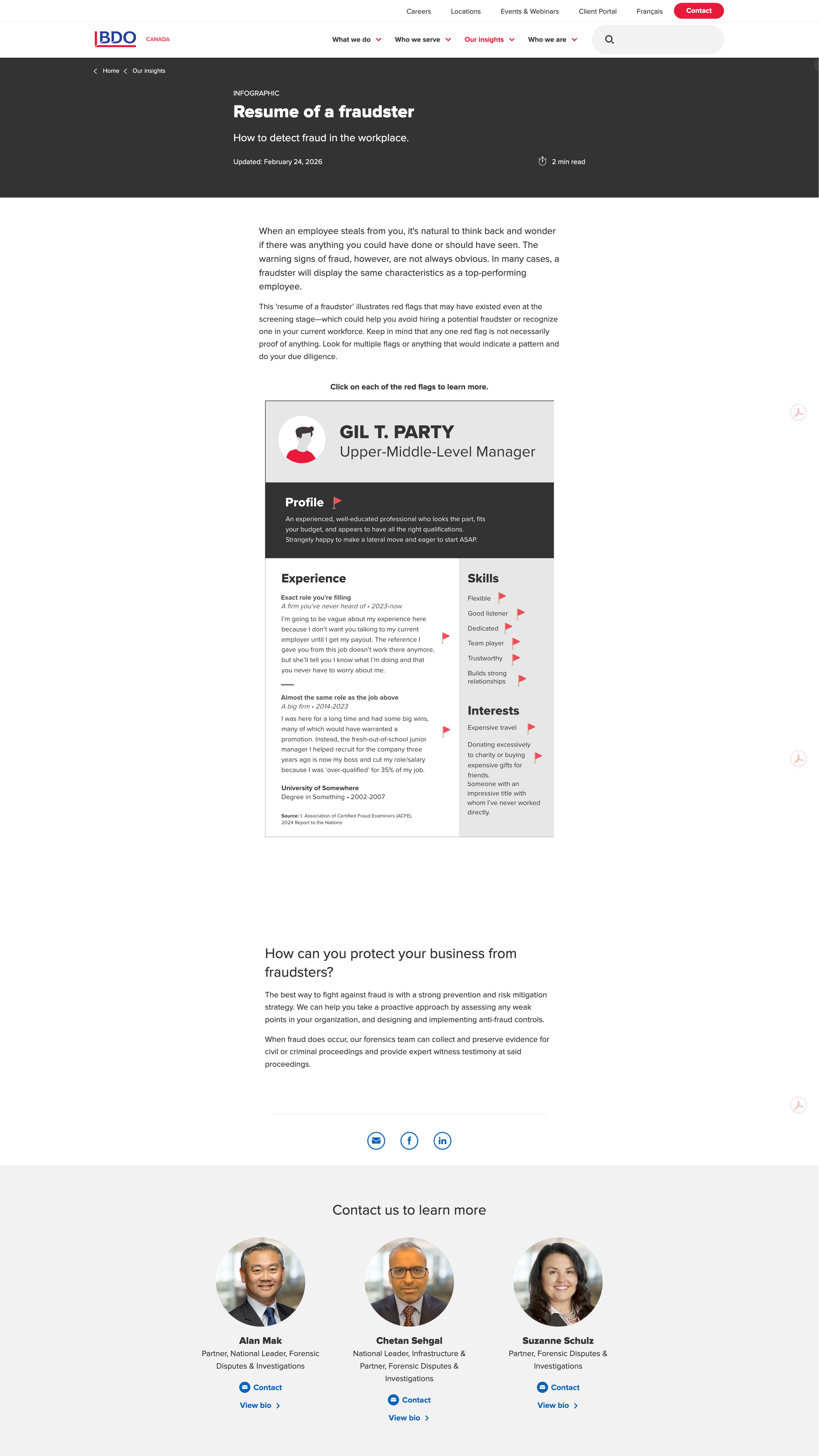 A webpage from BDO Canada discussing how to detect fraud in the workplace, featuring a profile of Gil T. Party, an upper-middle-level manager with experience, skills, and interests, and photos of three professionals at the bottom.