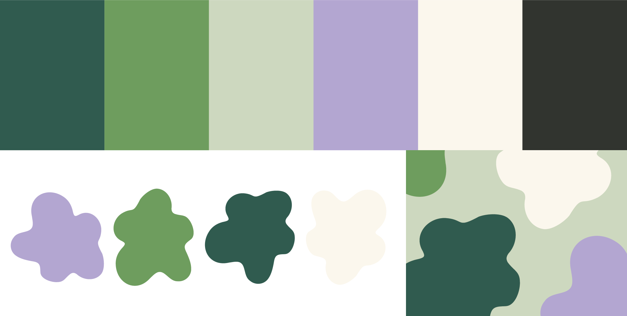 Abstract digital art with pastel-colored organic shapes and block colors, including shades of green, lavender, cream, and dark gray.