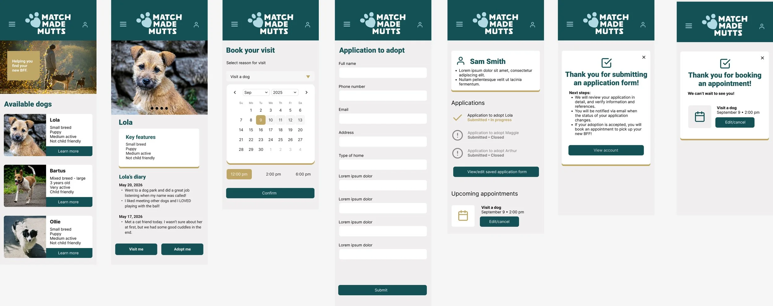 Screenshots of a mobile pet adoption app called 'Match Made Mutts' showing different screens: available dogs with photos and details, booking a visit, application to adopt, confirmation of submission, booking an appointment, and upcoming appointments.