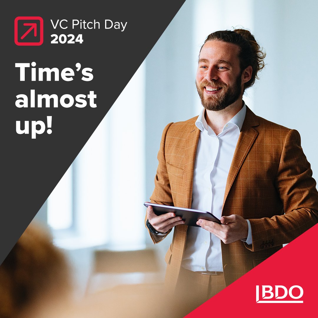 A man in a brown blazer holding a tablet, smiling during a presentation at VC Pitch Day 2024 event, with text overlay 'Time's almost up!' and BDO logo.