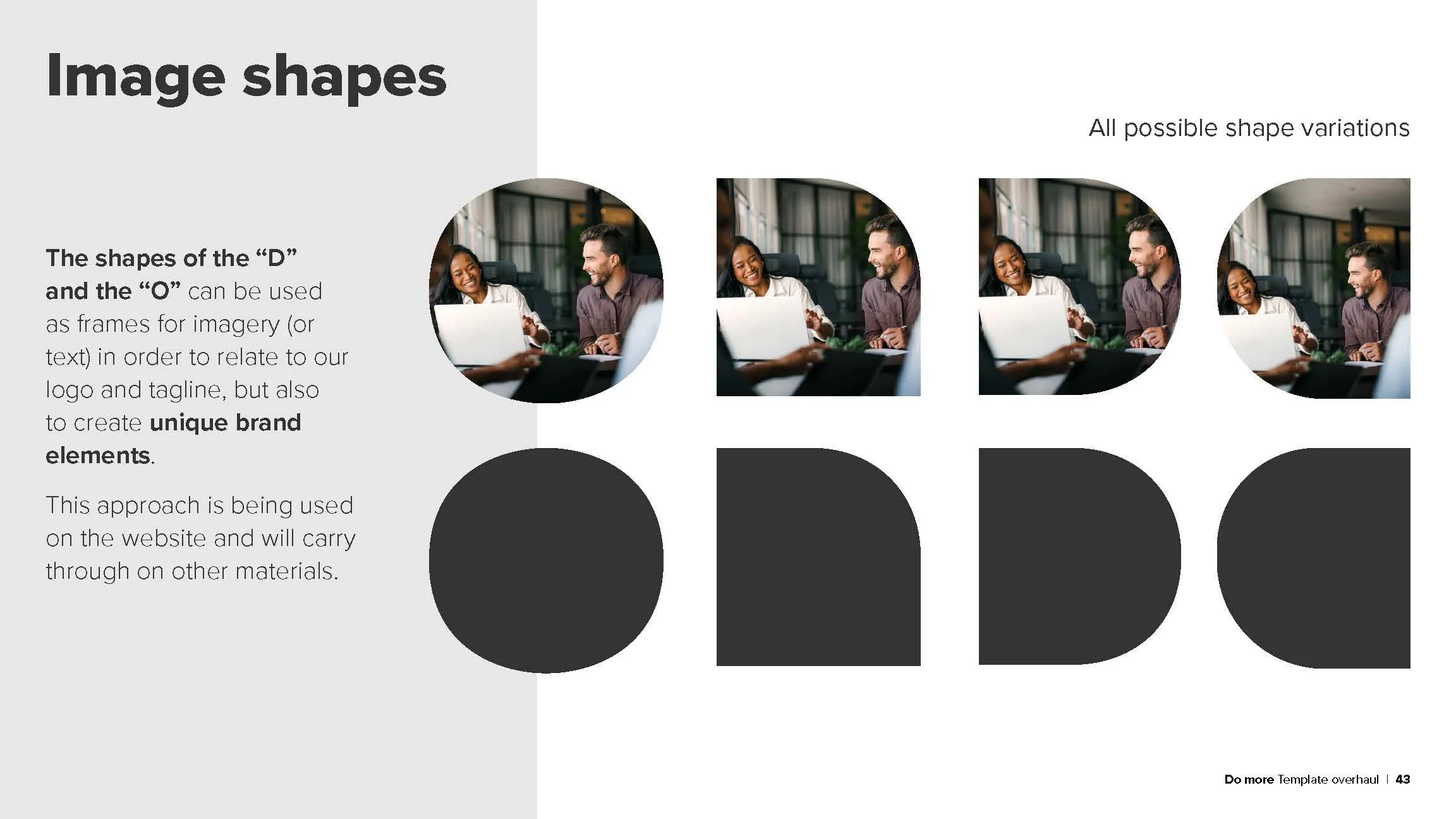Page showing various shapes, including a full circle, half circle, and the letter 'D' with images of people working together in each shape, illustrating different design variations.