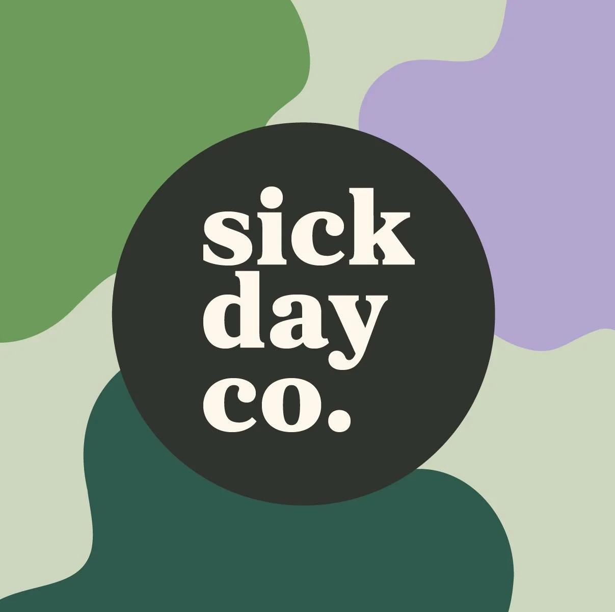 A graphic design with abstract shapes in green, purple, and teal colors, featuring a black circle in the center with the words 'sick day co.' in white lowercase letters.
