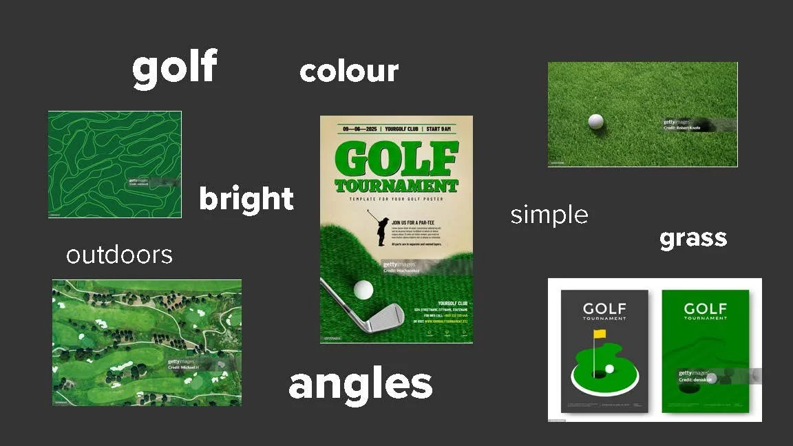 Elements related to golf including a golf course map, a golf tournament poster, a golf ball on grass, a golf hole illustration, and a golf hole layout card, with the words 'golf', 'colour', 'bright', 'outdoors', 'angles', 'simple', and 'grass' in the background.