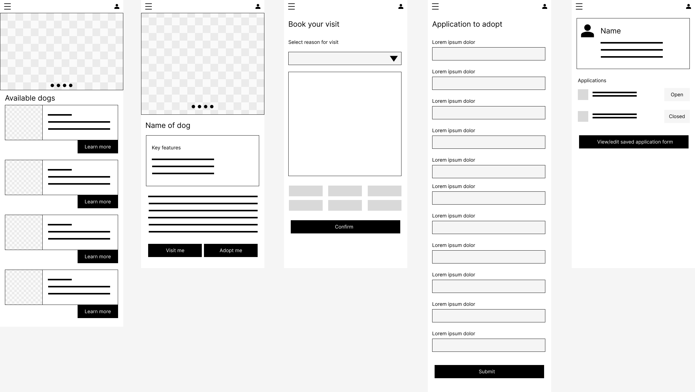Screenshots of a mobile app interface with screens for dog adoption, booking a visit, and application forms. Each screen has a minimalist design with headings, text fields, buttons, and menu icons.