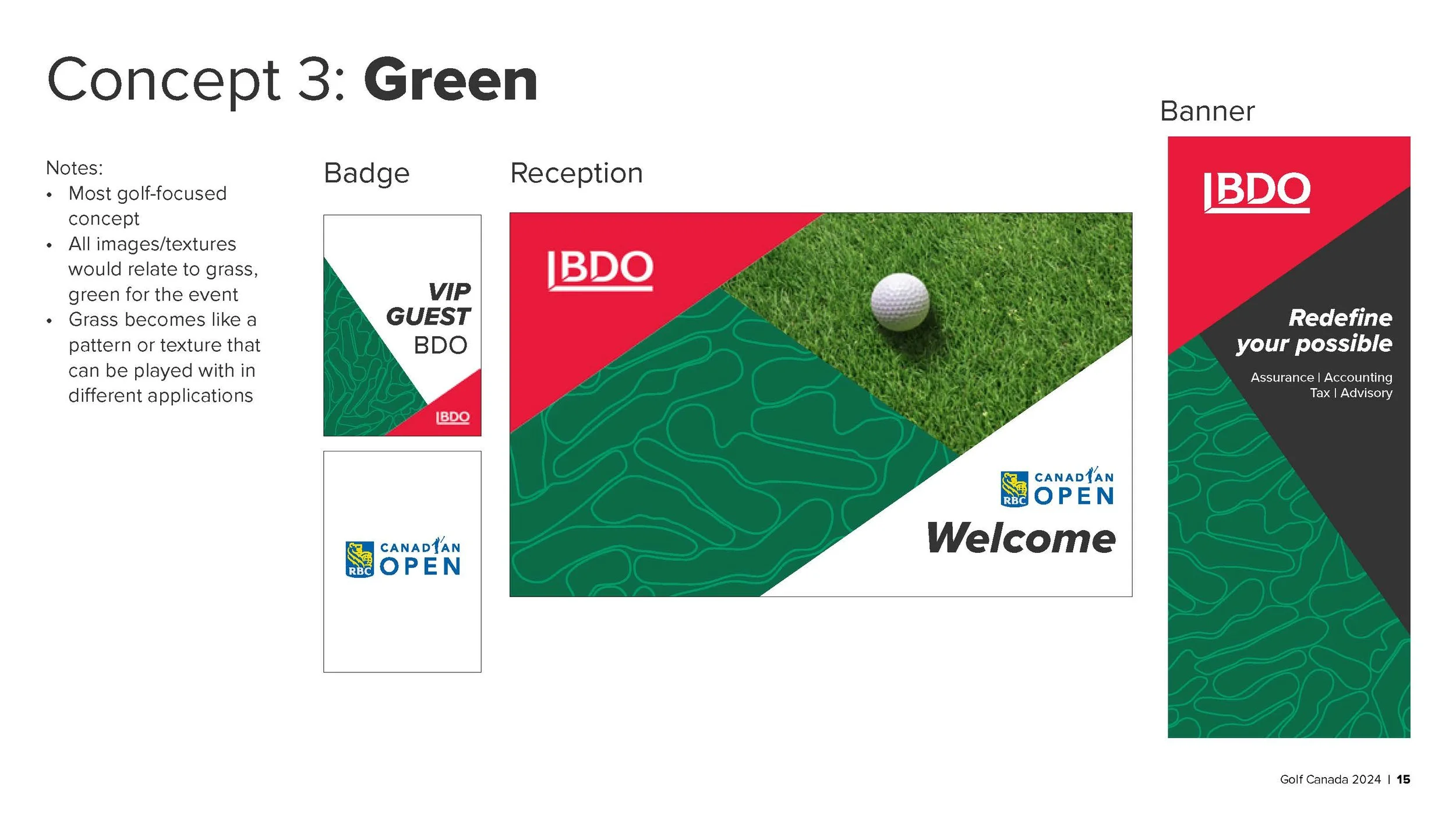 A page design plan for a golf event themed around the color green, featuring logos, banners, and textured grass patterns with notes about design concepts and application details.