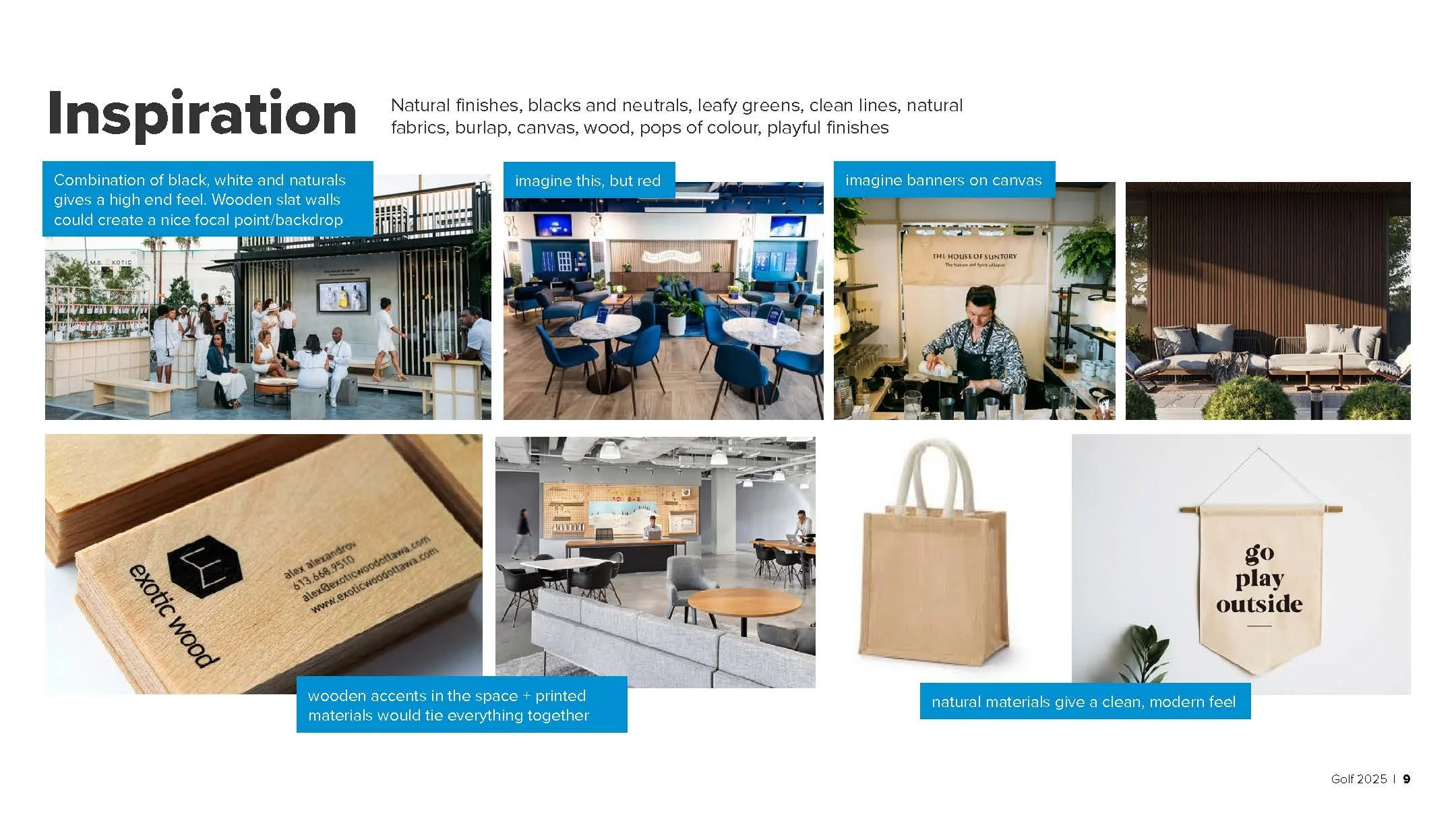 Collage of interior and exterior design spaces featuring natural finishes, black and neutral color schemes, wooden accents, modern furniture, and outdoor seating areas.