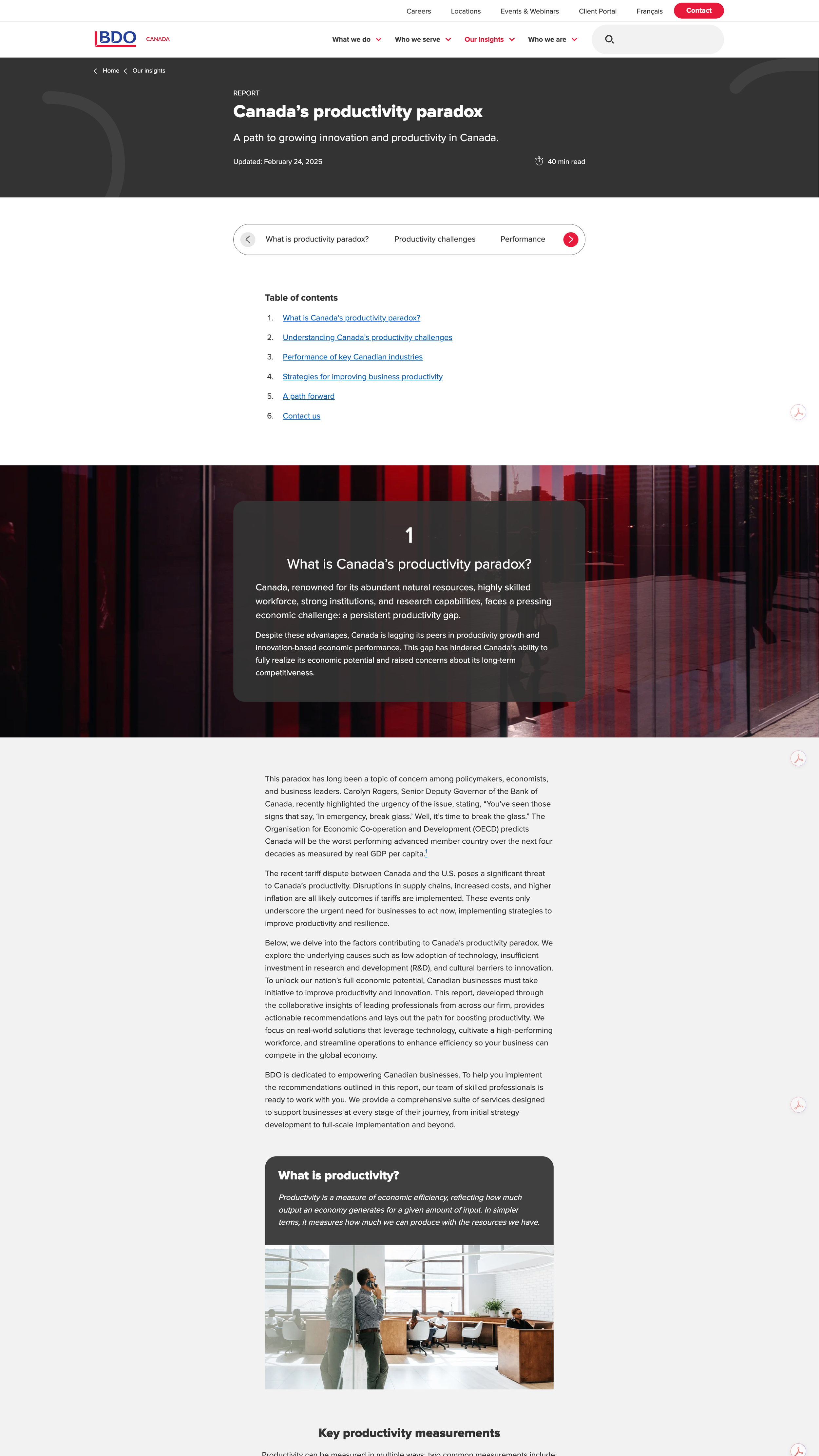 Screenshot of a webpage titled 'Canada's productivity paradox' from BDO Canada, discussing innovation and productivity in Canada, with sections on productivity challenges, key industries, and strategies for improvement. Includes a navigation menu, a photograph of people in an office, and a table of contents.