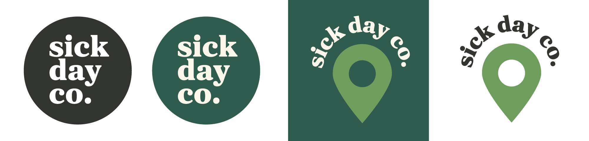 Four logos with the text 'sick day co.' and location icons.