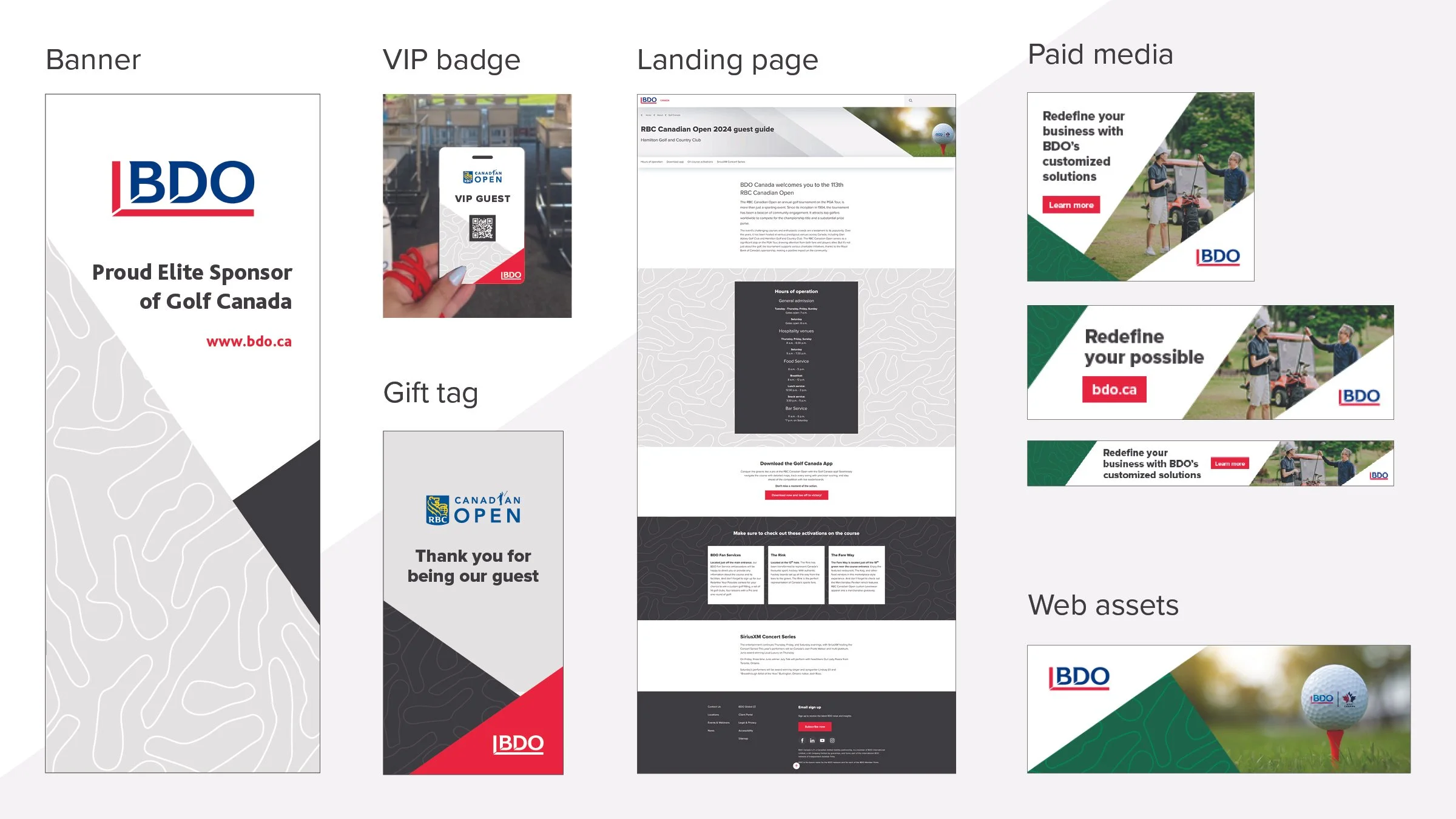 Collection of digital web assets including banners, VIP badge, landing page, paid media ads, thank you message, gift tag, and a golf ball with BDO logo.