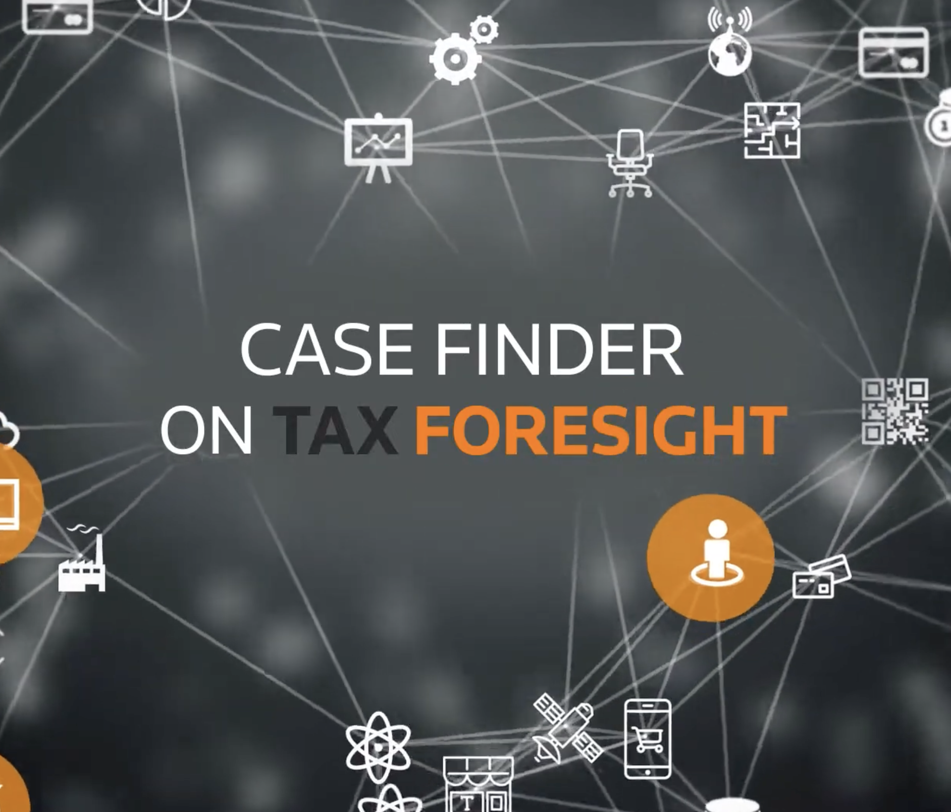 Digital illustration featuring interconnected icons such as gears, graphs, an office chair, a globe, a credit card, a factory, a person, a satellite, a smartphone, and other symbols connected by lines, with the text 'CASE FINDER ON TAX FORESIGHT' displayed prominently.