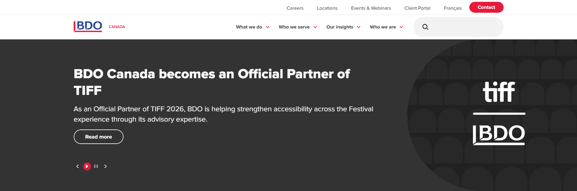 Screenshot of BDO Canada's website announcing their partnership with TIFF, showing their logo at the top left, a navigation menu, a red contact button, and a large announcement section with the TIFF logo and BDO logo.