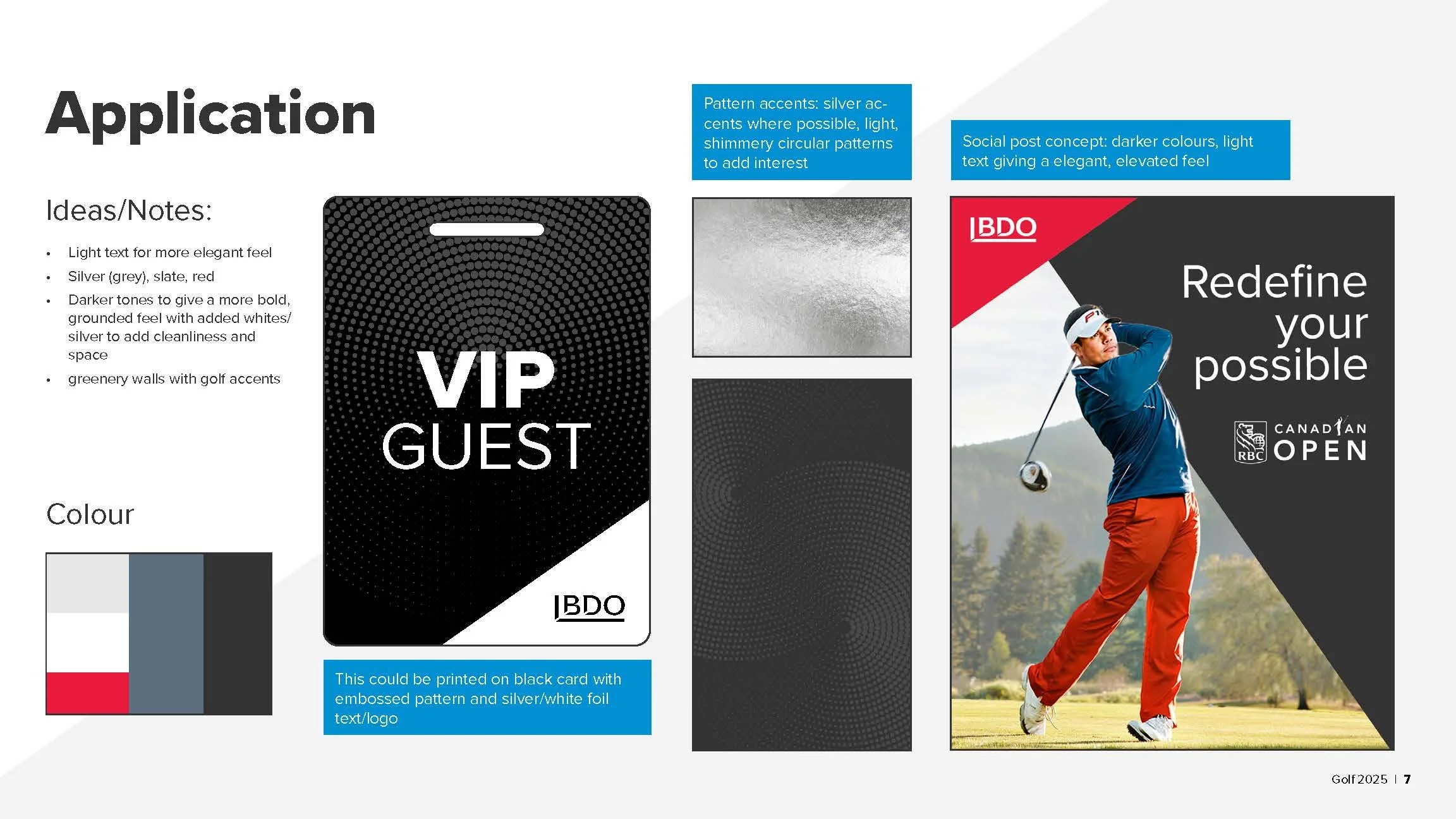 A promotional graphic for a golf event featuring an image of a golfer in a blue shirt and red pants swinging a golf club, with text and design elements including a VIP guest badge, patterned accents, and branding for the Canadian Open golf tournament.