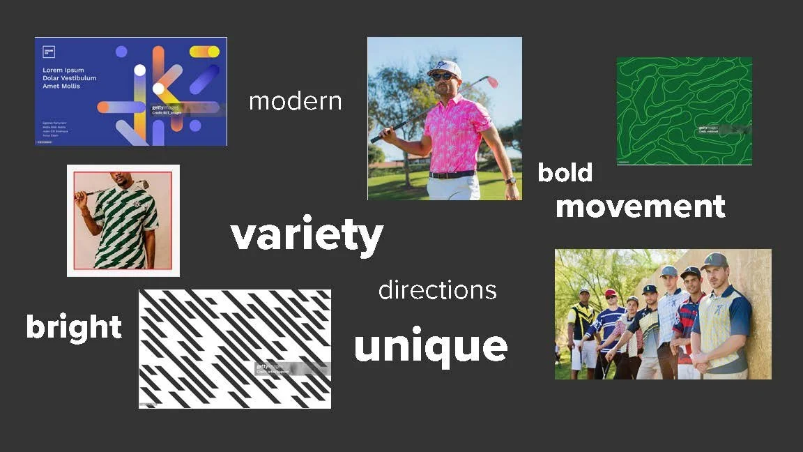 Collage of four photographs of people on a golf course, with words 'modern,' 'bold,' 'movement,' 'variety,' 'bright,' 'directions,' and 'unique' in white text on a black background.
