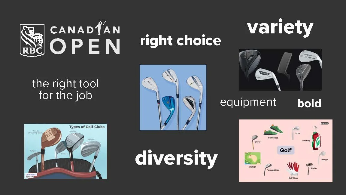 A graphic poster promoting the Canadian Open golf tournament, featuring images of various golf clubs and equipment, with words like "diversity," "variety," "the right tool for the job," "bold," and "right choice."