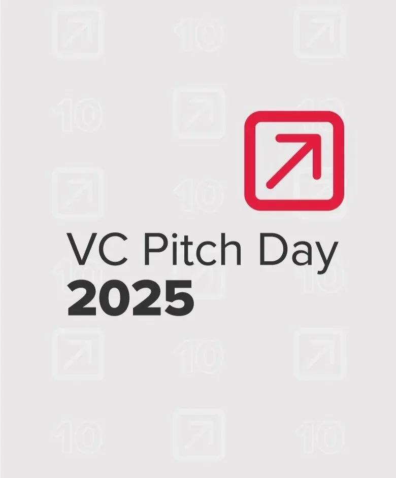 Logo with an upward arrow inside a red square, text 'VC Pitch Day 2025' in black
