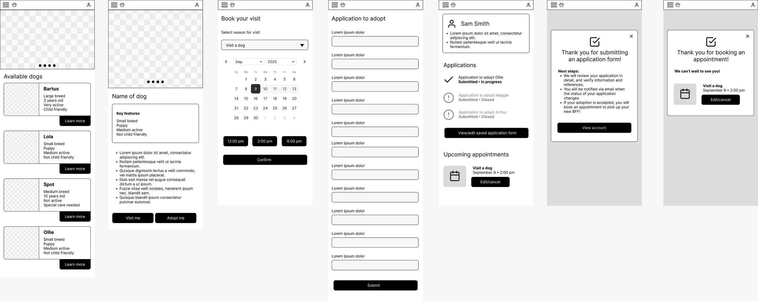 Mobile app screens related to dog adoption and pet care. Screens include options to view available dogs, book a visit, apply to adopt, view and manage applications, and schedule appointments. The interface features dog profiles, appointment calendars, form entries, and confirmation messages.
