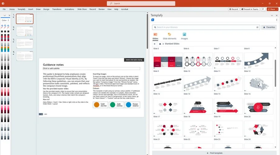 Screenshot of a PowerPoint presentation slide with guidance notes and a slide thumbnail panel showing various animated slide templates.
