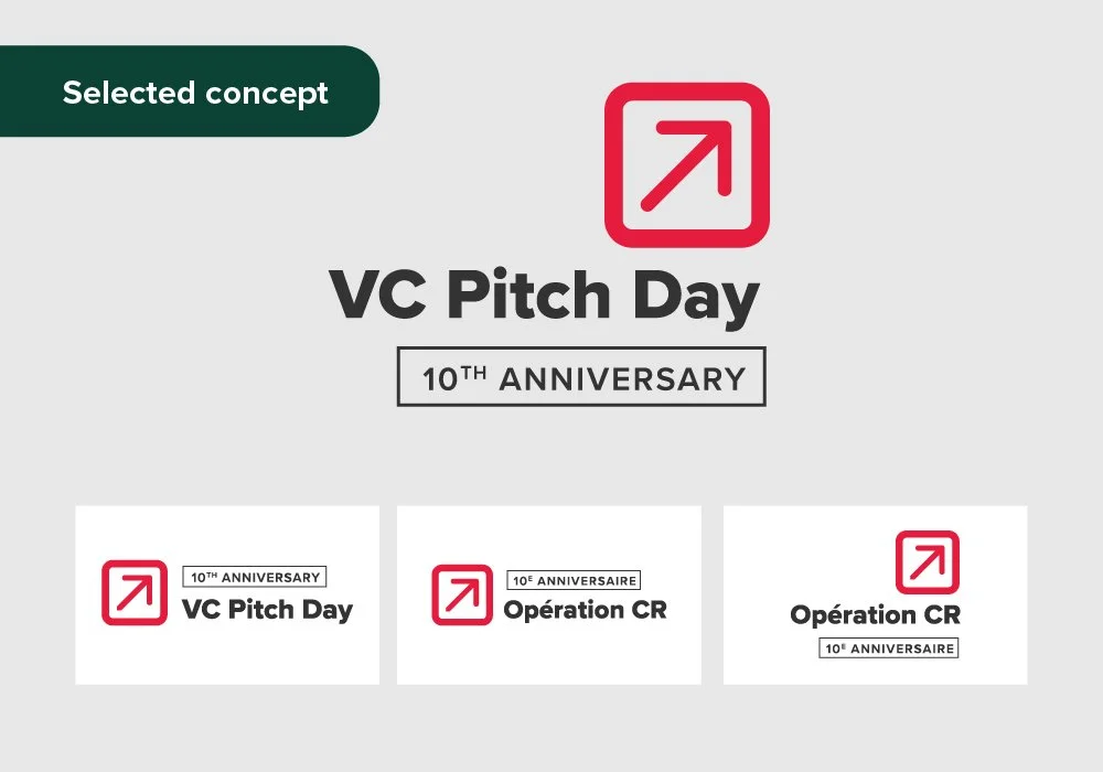 Event promotional graphic for VC Pitch Day 10th Anniversary, featuring text, icons, and French translations.