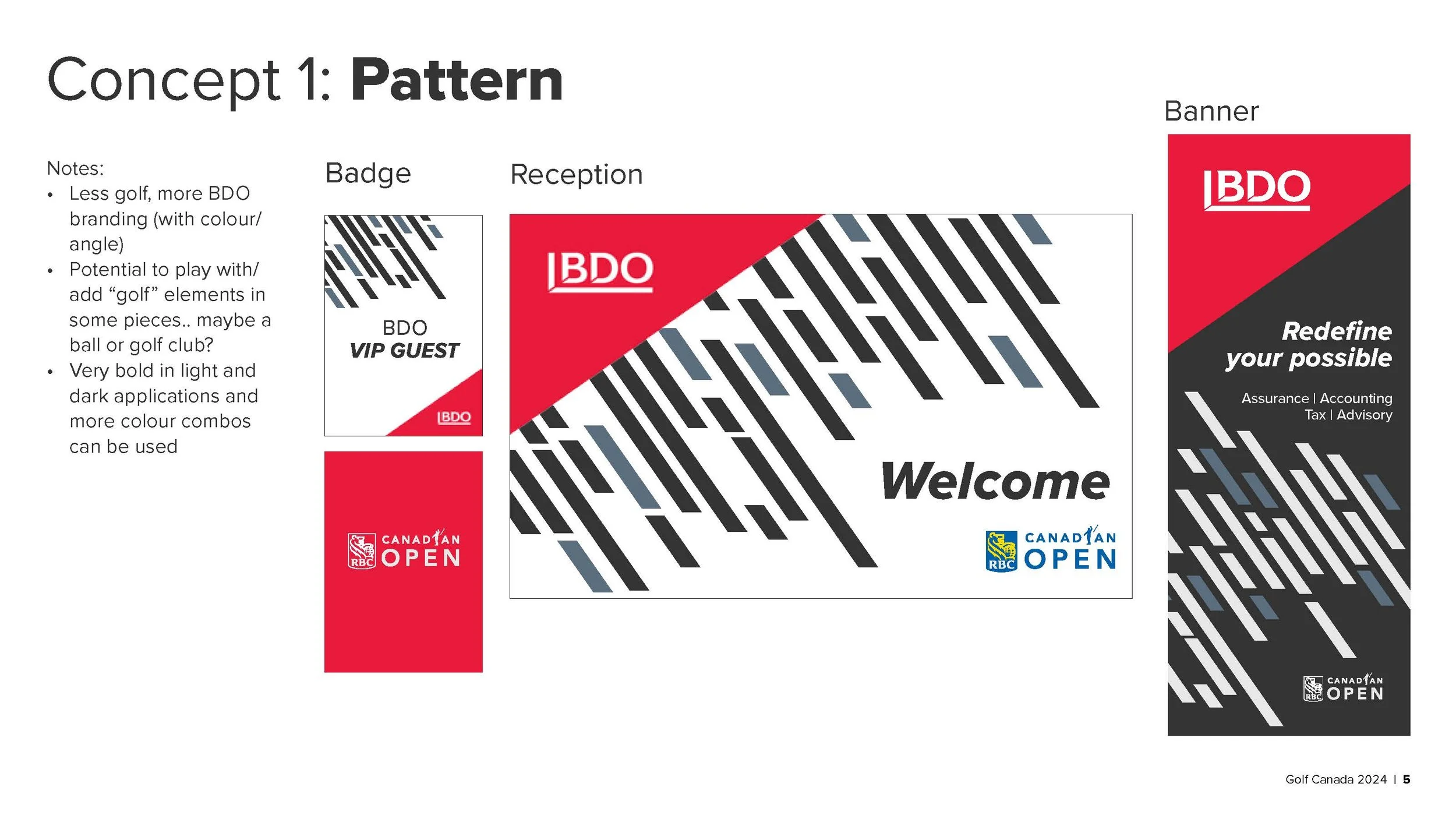 Design concepts for branding and signage for Golf Canada 2024, featuring patterns with black, white, gray, and red elements, logos for RBC and BDO, and text such as "Welcome" and "Redefine your possible."