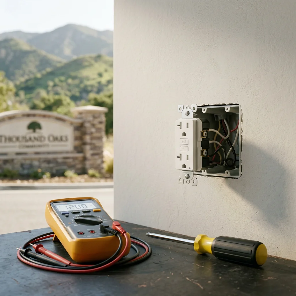A digital multimeter shows a reading of 120.0, placed on a dark surface next to a screwdriver. An electrical outlet box on a white wall has the cover removed, exposing the wiring inside, with wires connected to the terminals.