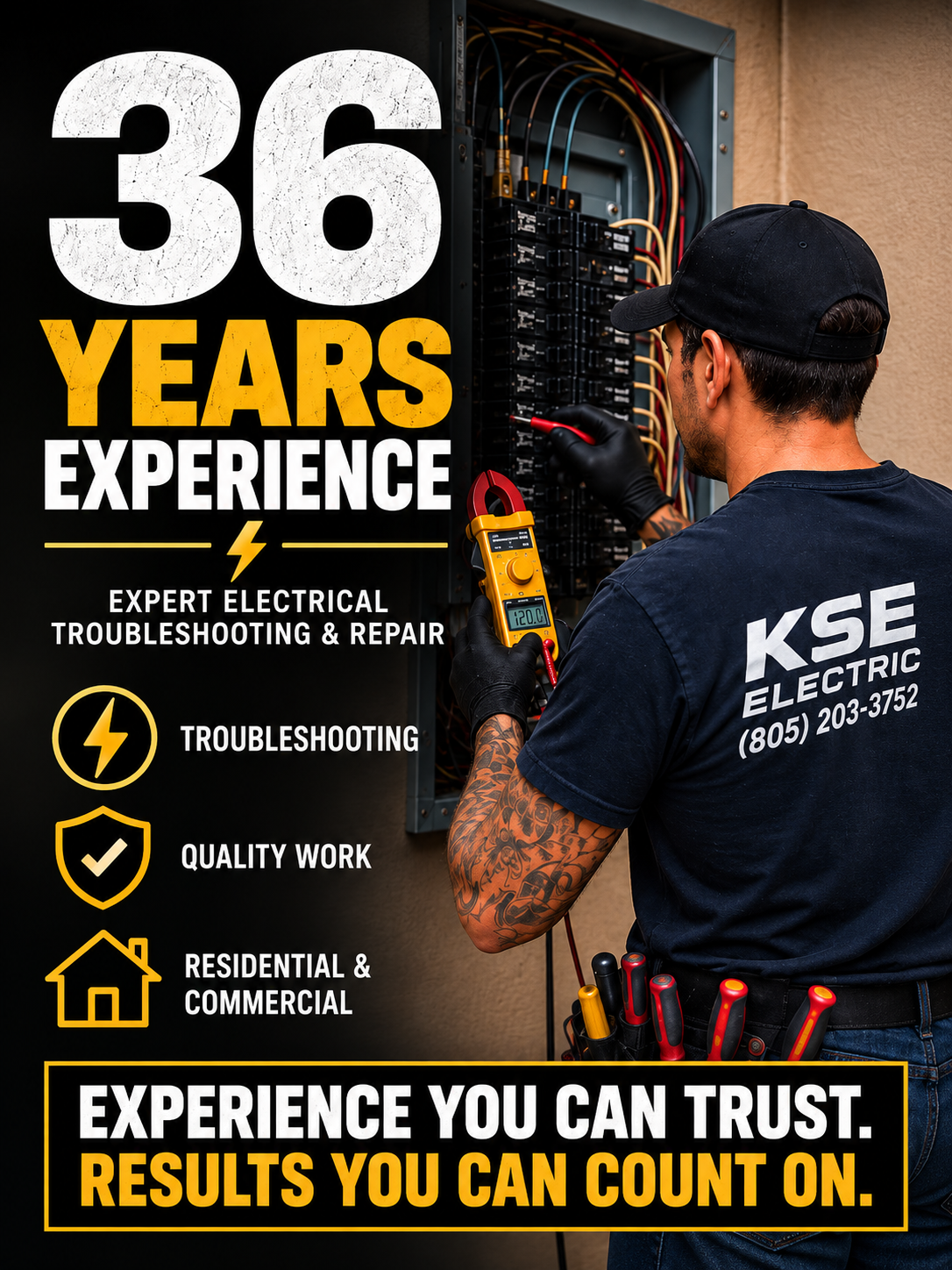 A technician from KSE Electric working on an electrical panel with tools in a pouch. The image highlights 36 years of electrical troubleshooting and repair experience, emphasizing quality work for residential and commercial projects.