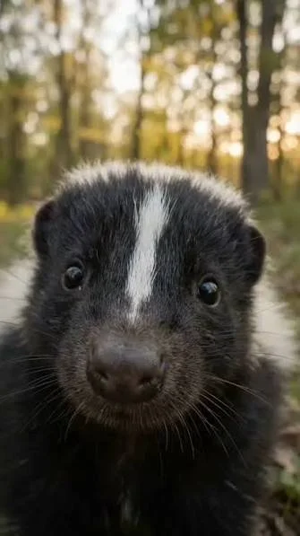 Close-up of a black puppy with a white stripe on its forehead in a wooded outdoor setting.