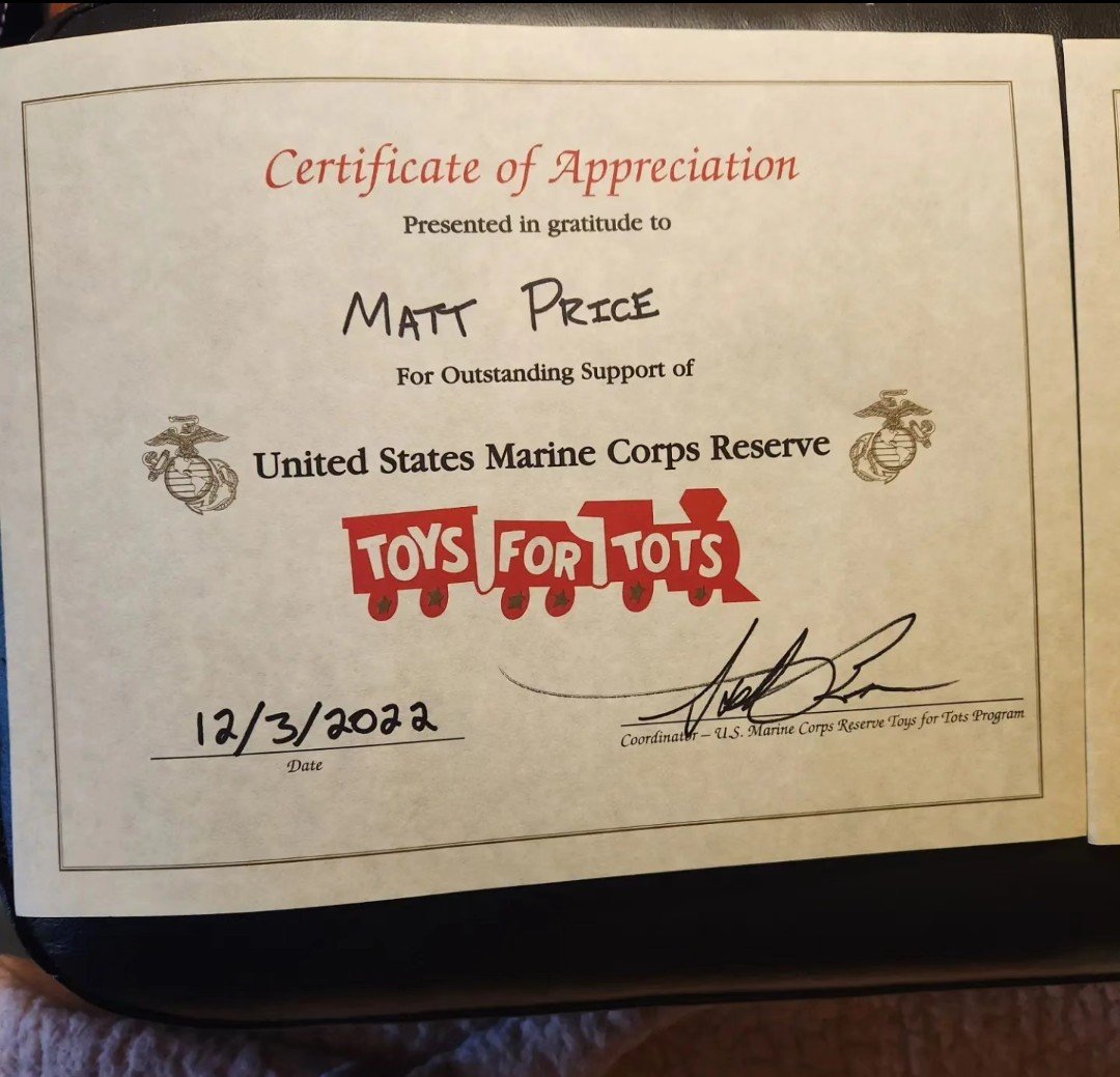 Certificate of Appreciation awarded to Matt Price for outstanding support of the United States Marine Corps Reserve Toys for Tots program, signed and dated December 3rd, 2022.