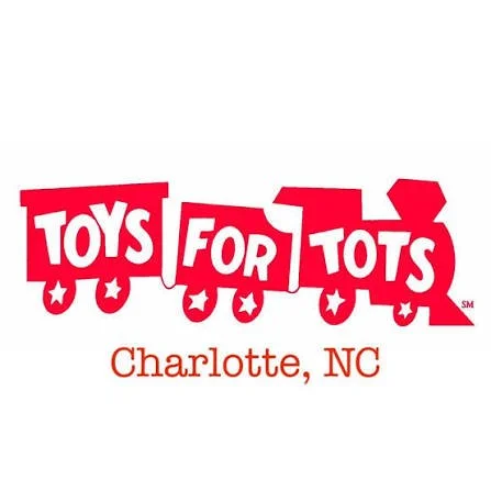 Toys for Tots logo with red train graphic and Charlotte, NC location.