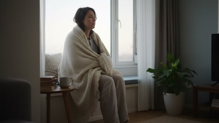 Woman sitting on a windowsill wrapped in a blanket, looking out the window.
