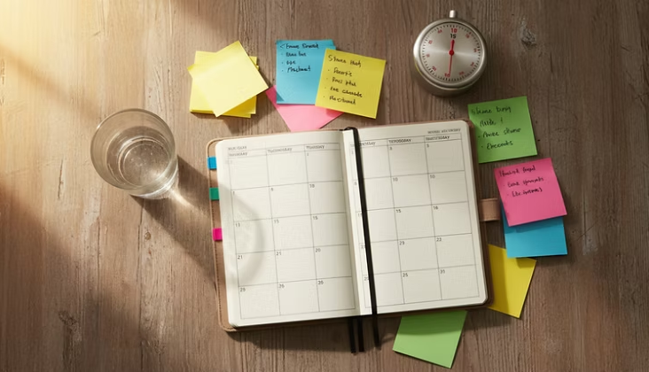 A desk with an open planner, colorful sticky notes, a glass of water, an analog timer, and some pens or markers.