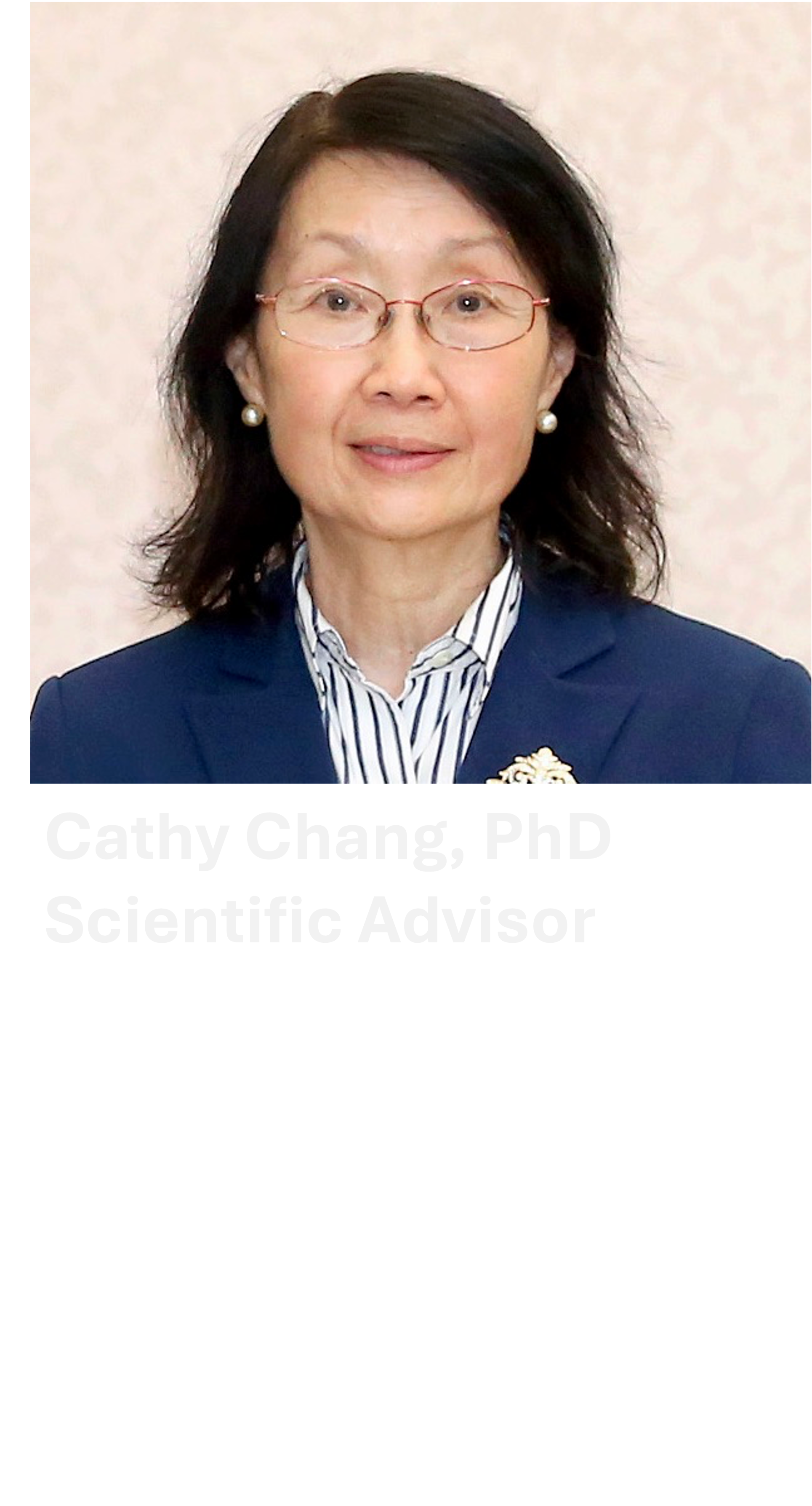 Headshot of Catherine (Cathy) Chang, PhD,  with text attributing to her the discovery and mechanistic elucidation of ACAT1 (SOAT1)