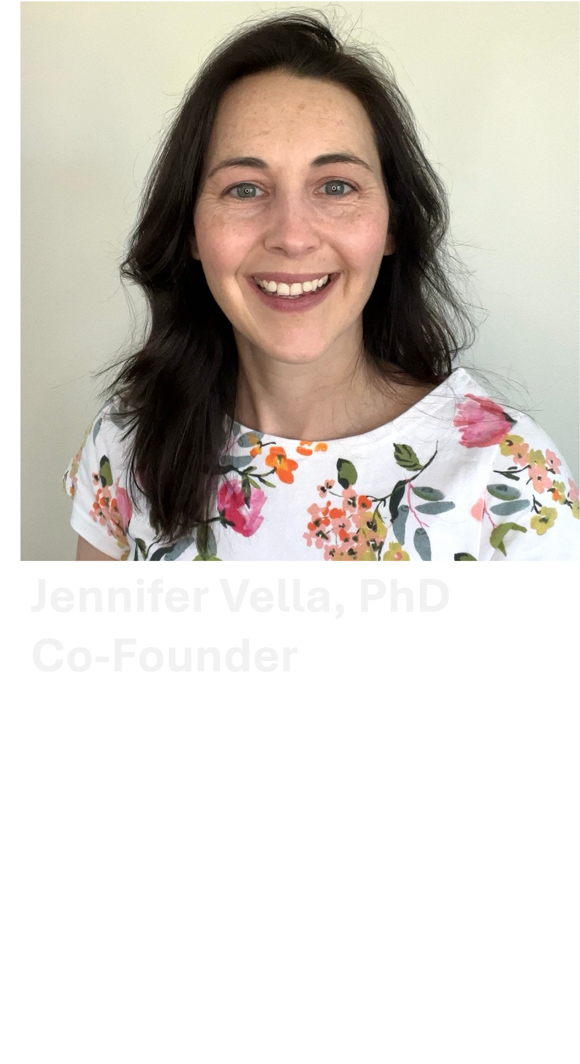 Headshot of Jennifer Vella, PhD, with text describing her as a translational immunologist co-founder, experienced in biotech and drug development, and a leader in preclinical program design.