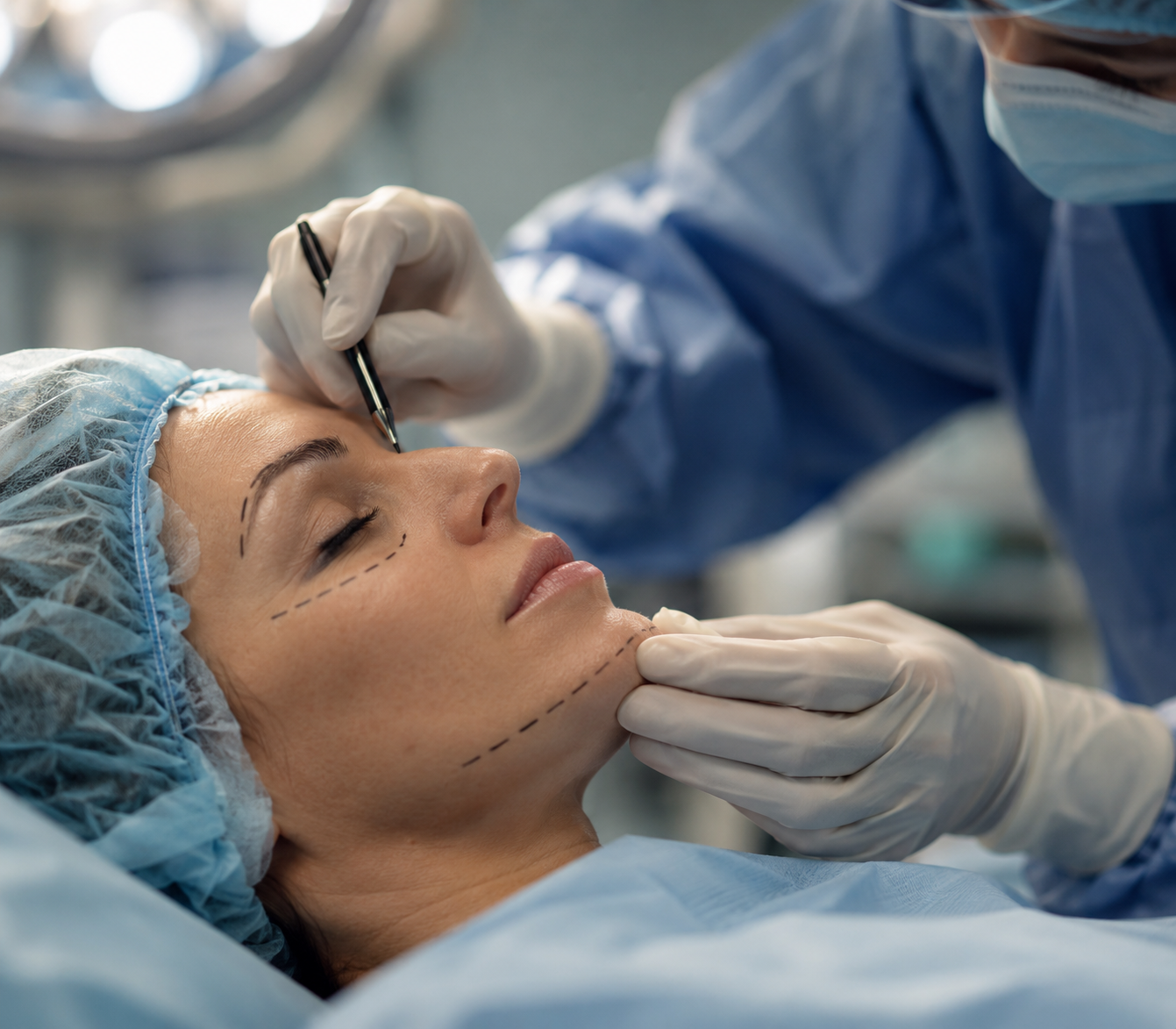 A woman undergoing a cosmetic procedure with markings on her face, lying on an operating table wearing a surgical cap, as a medical professional in scrubs uses a pen-like instrument near her forehead.