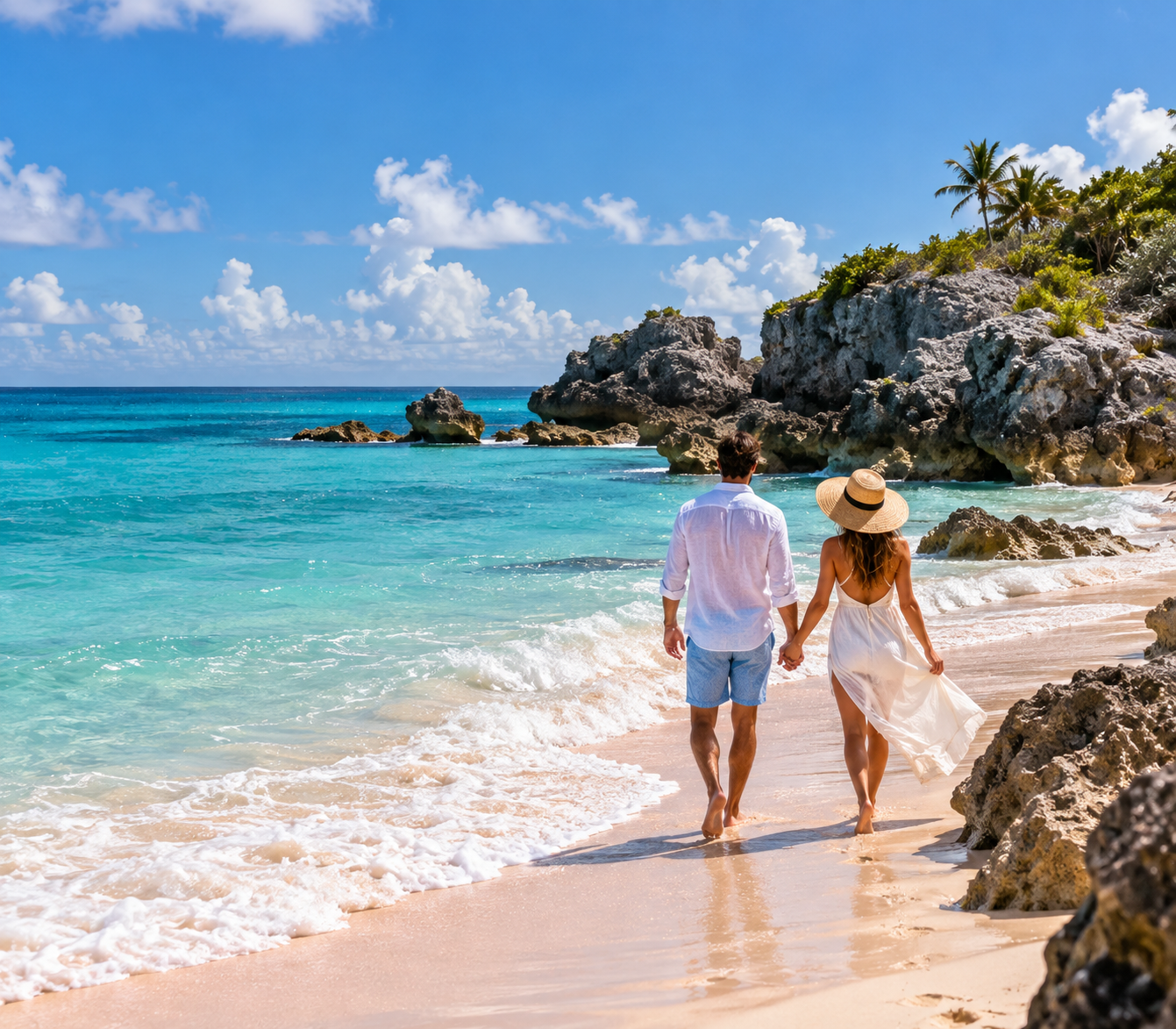 A couple holding hands walks along a tropical beach with clear blue ocean water, sandy shore, rocky formations, and palm trees under a partly cloudy sky.