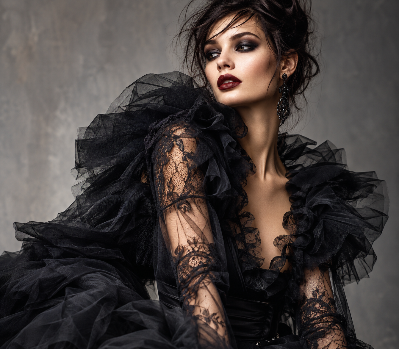 A woman with dark hair styled in a messy updo, wearing bold makeup with dark lipstick and smoky eyes, dressed in a Gothic style black lace dress with dramatic tulle ruffles and earrings, posing against a plain gray background.