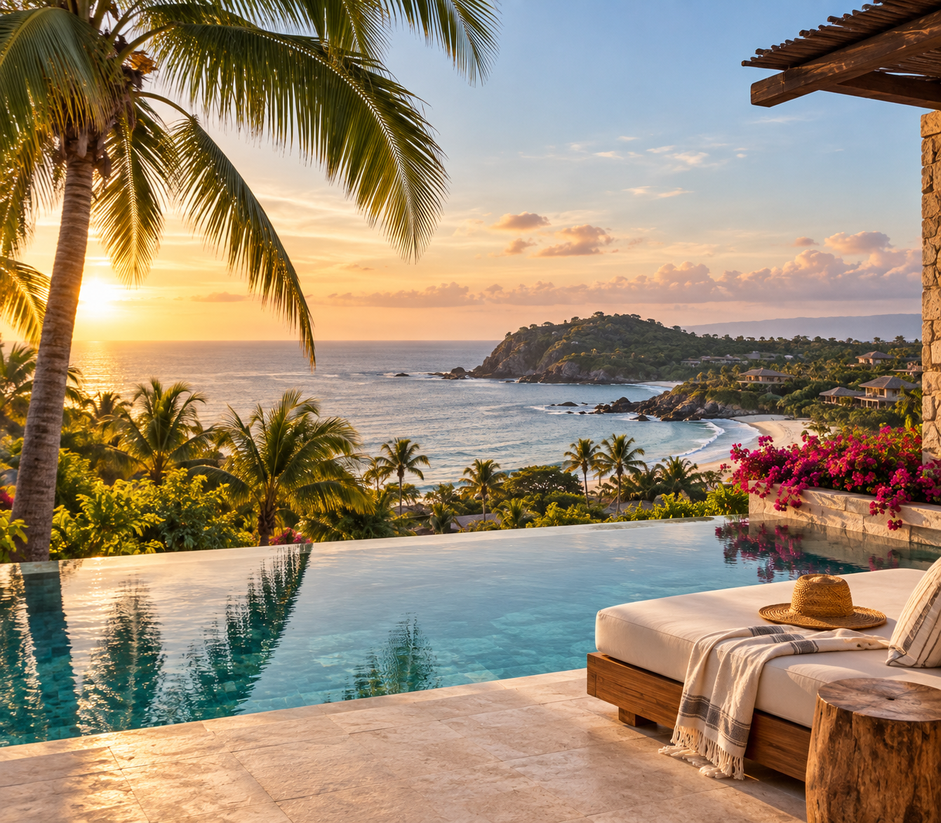 A tropical seaside view at sunset with palm trees, a pool, beach, and hillside with houses, seen from a balcony with flowers and a lounge chair.