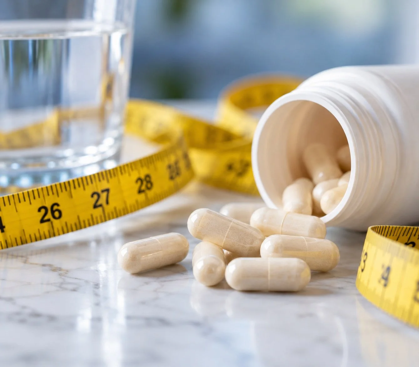 A bottle of white capsules spilled on a white surface with a yellow measuring tape and a glass of water in the background.