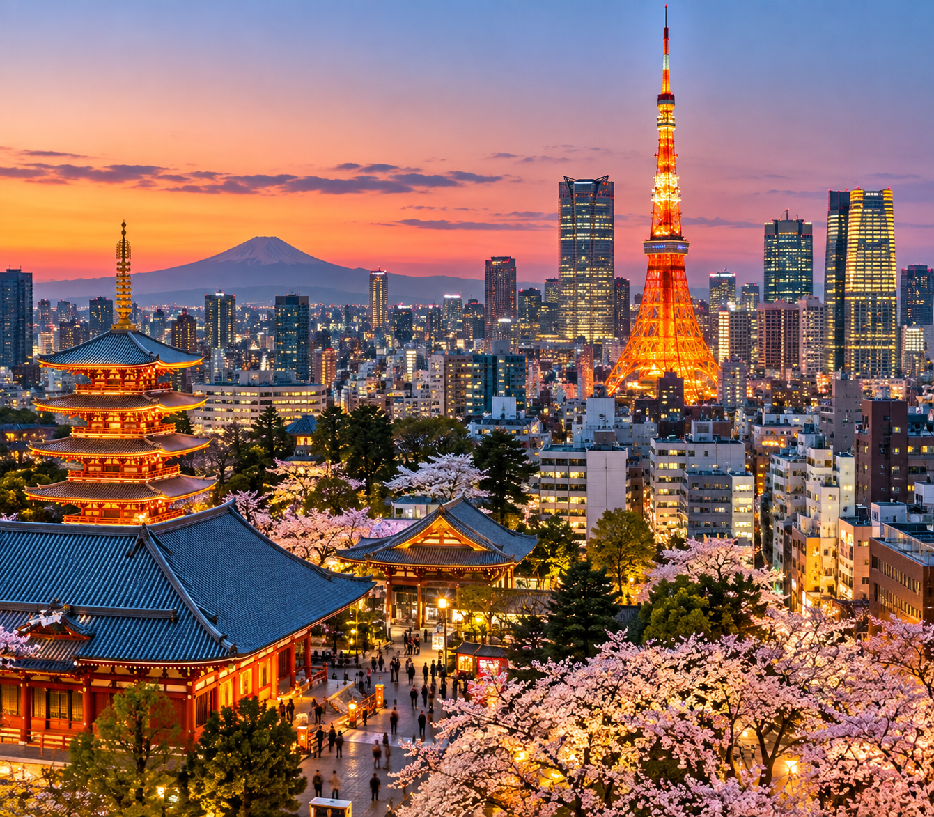 Tokyo cityscape at sunset featuring Tokyo Tower illuminated in orange, cherry blossoms in bloom in the foreground, and Mount Fuji in the background.