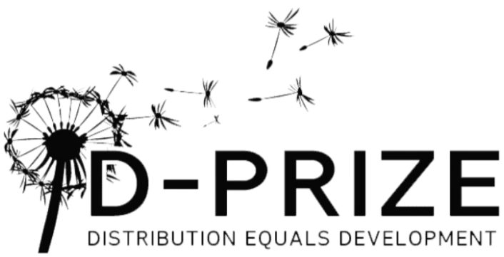 Black background with text and illustrations of dandelions and dragonflies. The text says "D-PRIZE" with a tagline "Distribution equals Development."