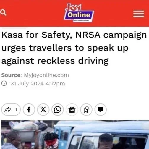 Screenshot of Joy Online website with a headline urging travelers to speak up against reckless driving, dated July 31, 2024.