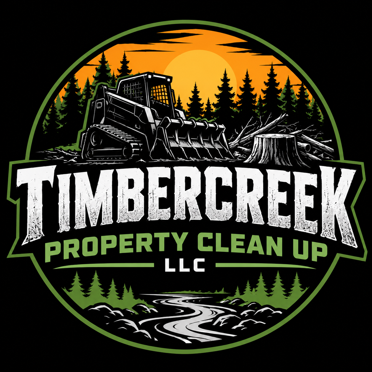 Logo for Timbercreek Property Clean Up LLC with a forest scene, a bulldozer, and a sunset.