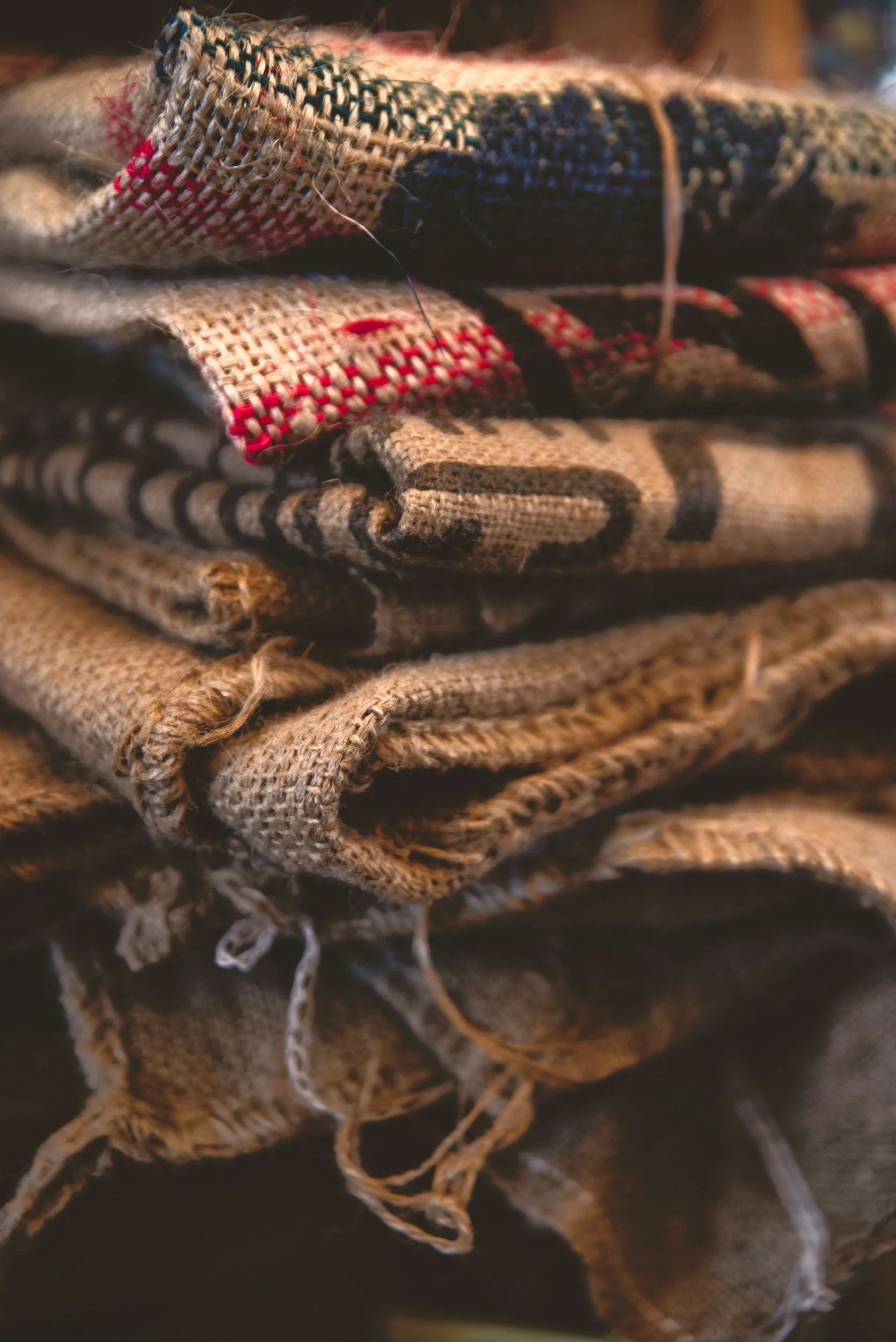 Stacked jute coffee sacks