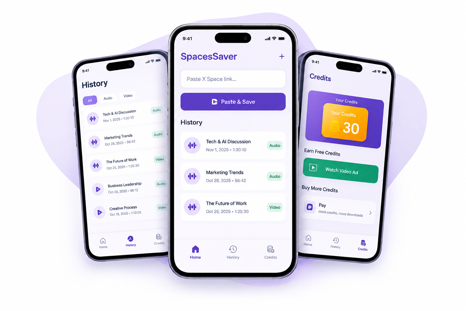 Spaces Audio Downloader mobile app mockup displaying the home, saved history, and credits screens.