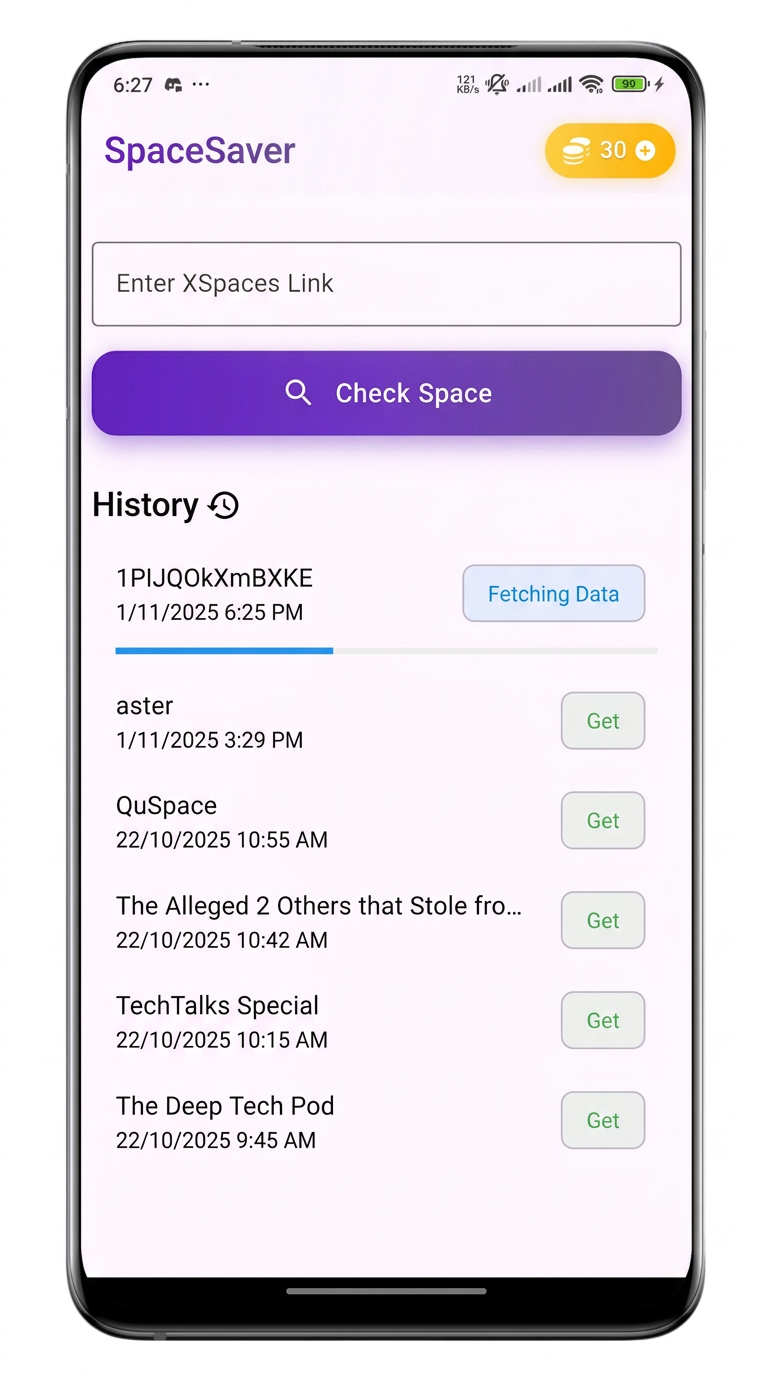 Smartphone mockup showing frequently asked questions about Spaces Audio Downloader.