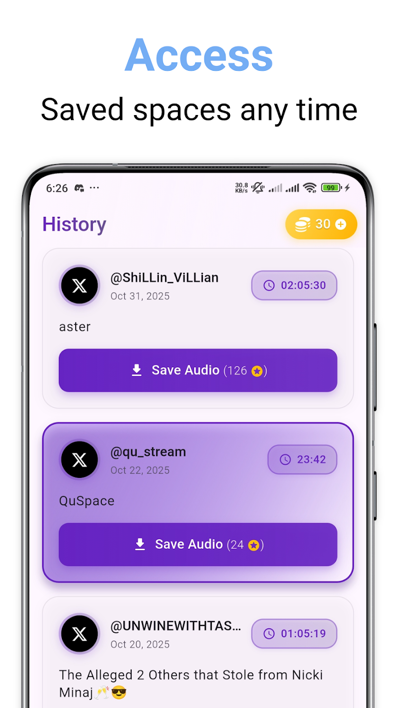Mobile app history screen displaying a list of saved Spaces audio and video items.