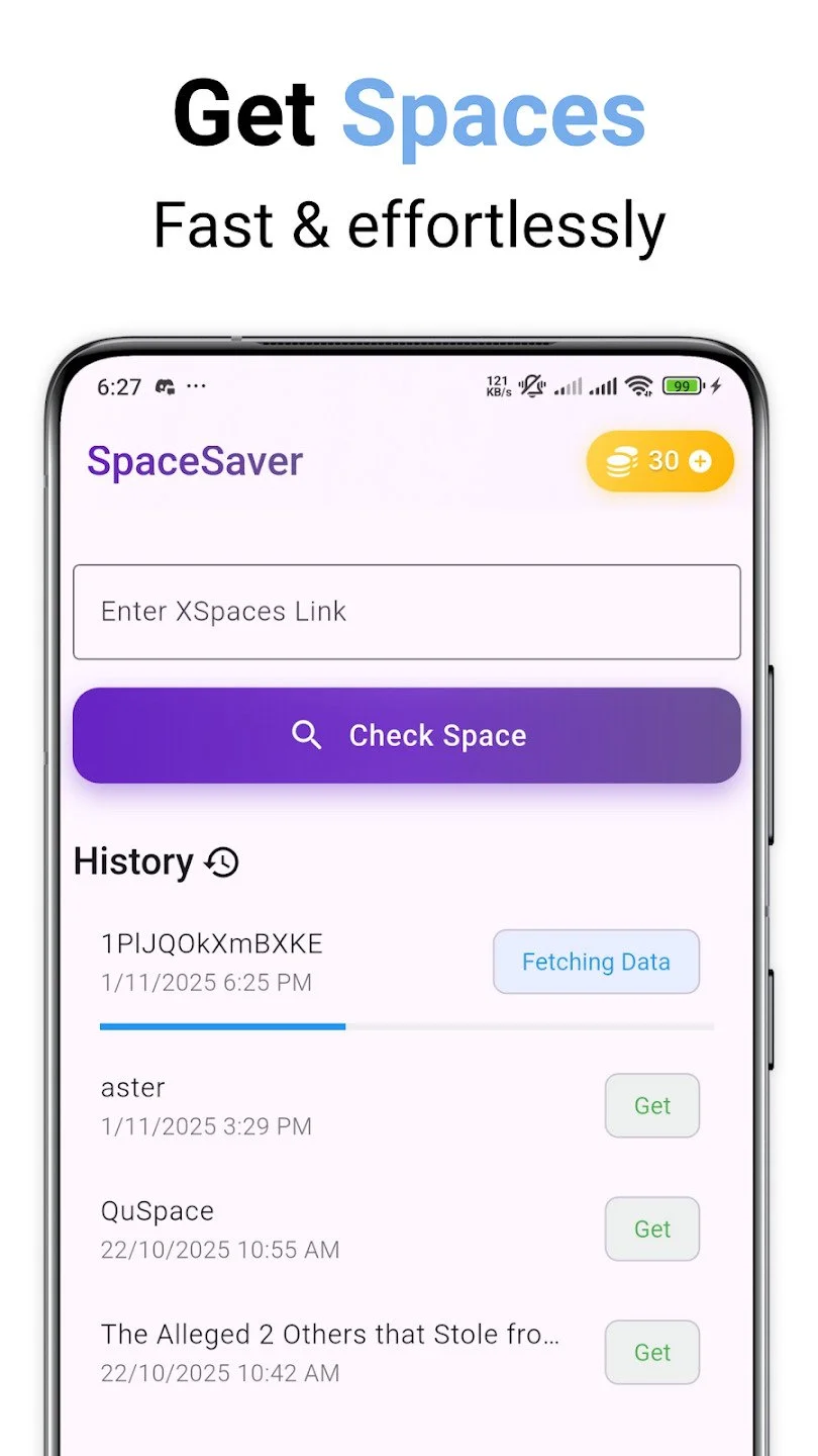 Spaces Audio Downloader interface showing a Space link input and a Paste and Save button.