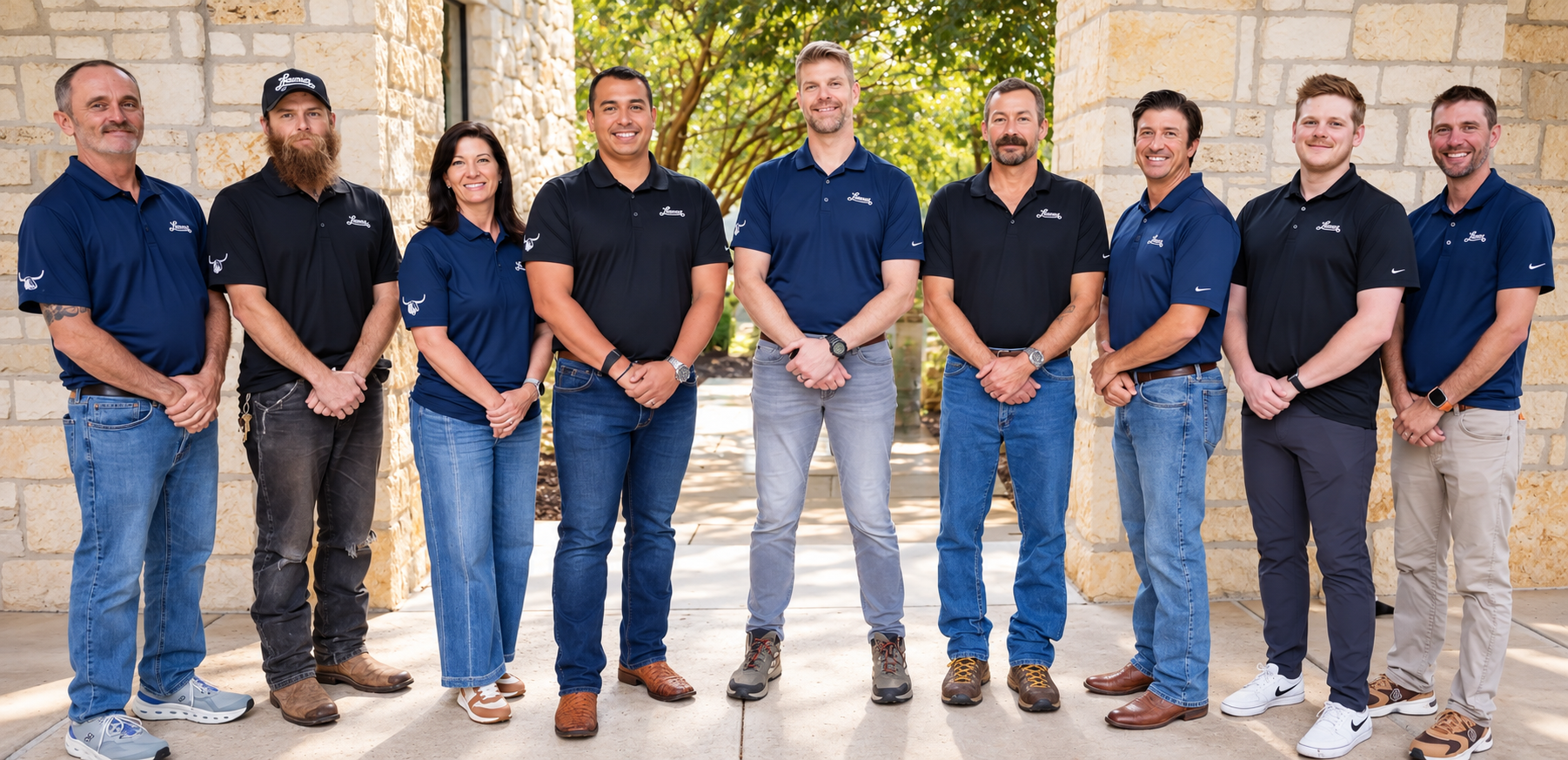 Group of nine people standing outdoors in front of a stone wall, wearing company polo shirts in black and blue, smiling at the camera.