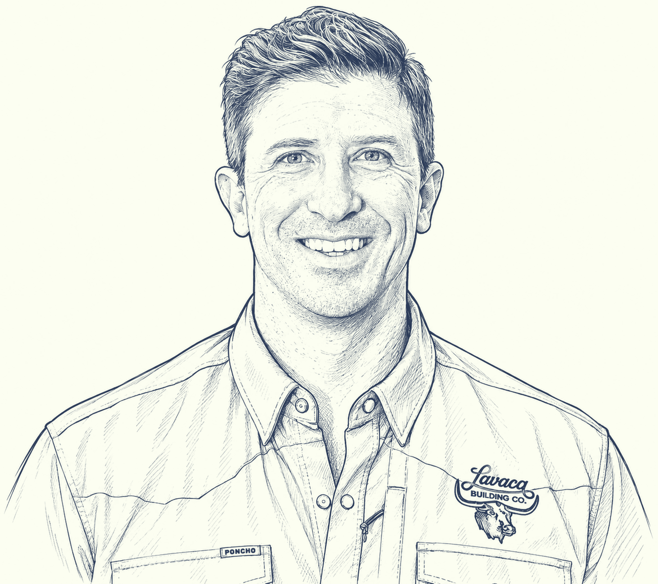Line art drawing of a smiling man in a work shirt with a name tag that says 'Poncho' and a logo for 'Lavaca Building Co.' featuring a bear's head.